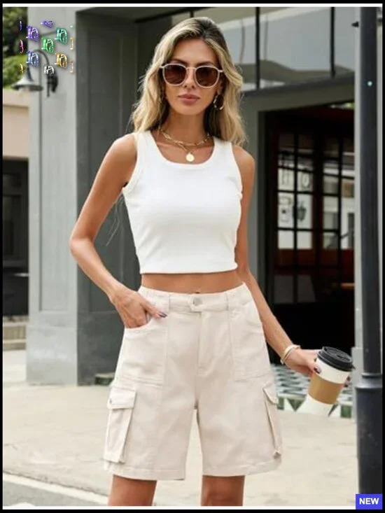 High Waisted Cargo Shorts Elastic Waist Bermuda Style Y2K Casual Summer - Picture 3 of 6